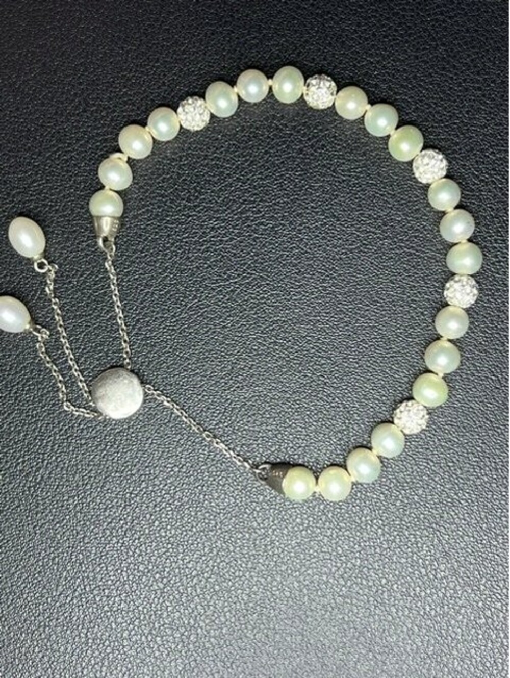 B7375 Freshwater Pearl Pave Crystal Bolo Bracelet 925 Sterling Silver Adjustable